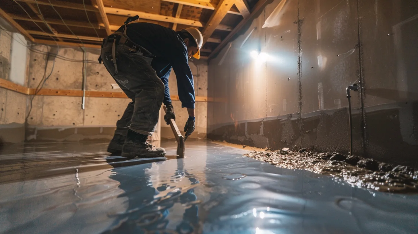 a bright, professional basement waterproofing scene showcases a contractor applying a waterproof membrane to exposed concrete walls, while another installs a french drain beside a waiting sump pump, all captured with clear precision and a focus on effective sealing strategies.