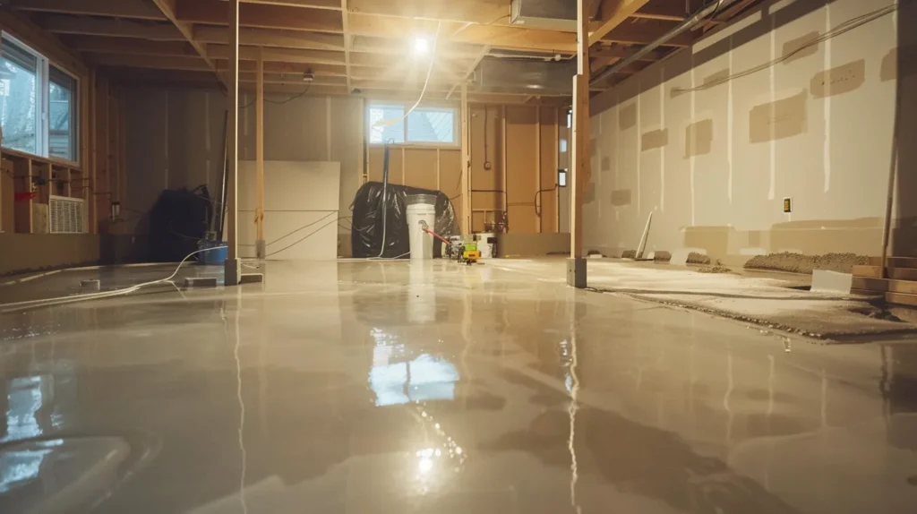 a clean and well-lit residential basement showcases the waterproofing process, featuring a contractor applying hydraulic cement to seal cracks and another installing a french drain, with exposed concrete walls and a ready-to-install sump pump in the corner.