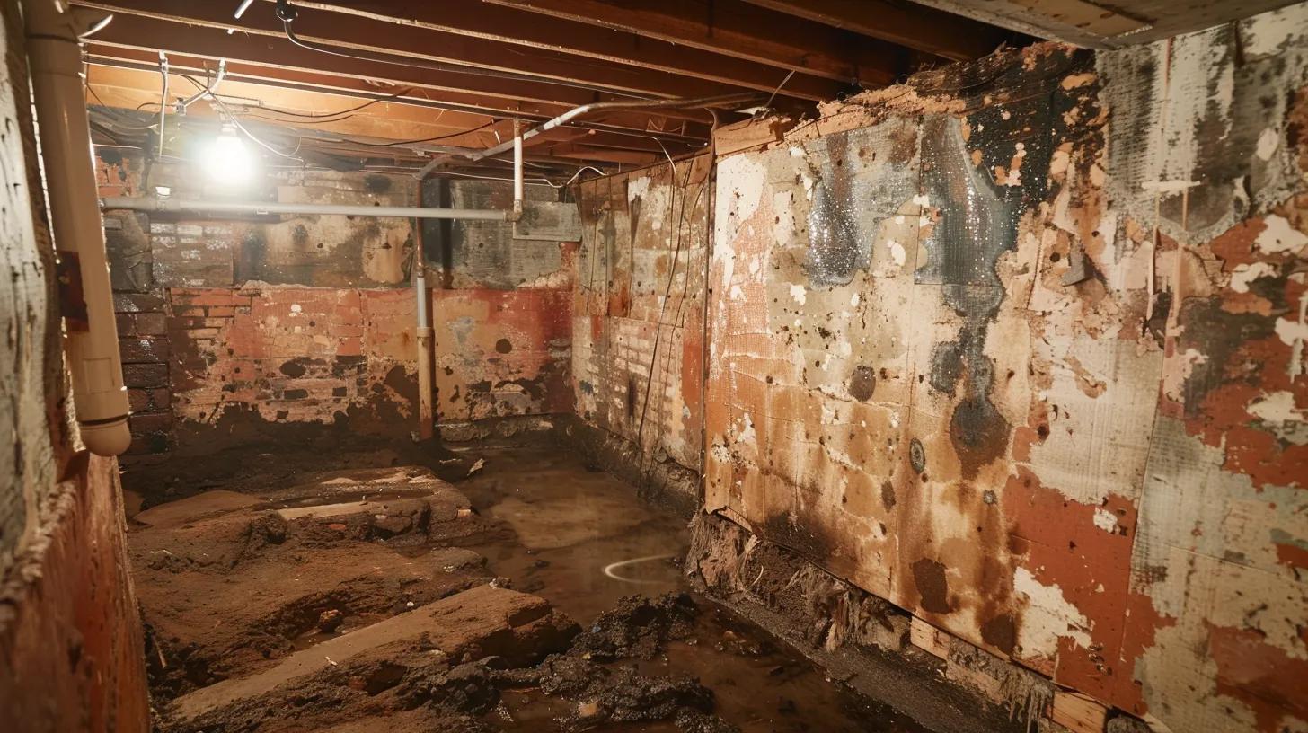 a dimly lit basement reveals damp walls and peeling paint, emphasizing the urgent need for waterproofing solutions as dark patches of mold spread ominously across the foundation, showcasing the potential hazards of neglecting moisture control.