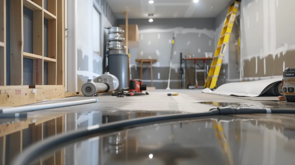 a focused shot of a contemporary home basement showcasing an affordable drainage solution installation, with clear plumbing materials and tools laid out against a sleek, modern unfinished wall, emphasizing the theme of practical home improvement.