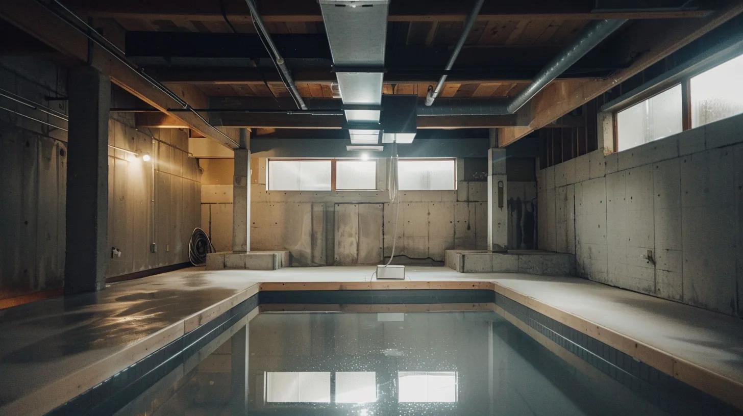 a meticulously organized and well-lit basement renovation showcasing sleek waterproofing technology, emphasizing the importance of a dry space for enhancing home value and structural integrity.