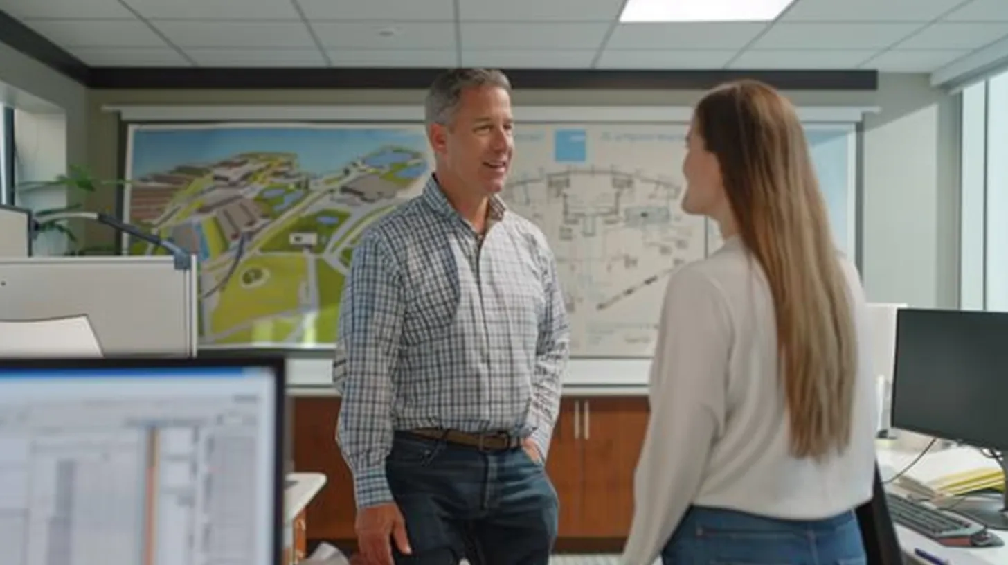 a modern office environment features a professional consultant discussing waterproofing solutions with a client, surrounded by blueprints and project plans, emphasizing the importance of selecting qualified specialists for effective installations.