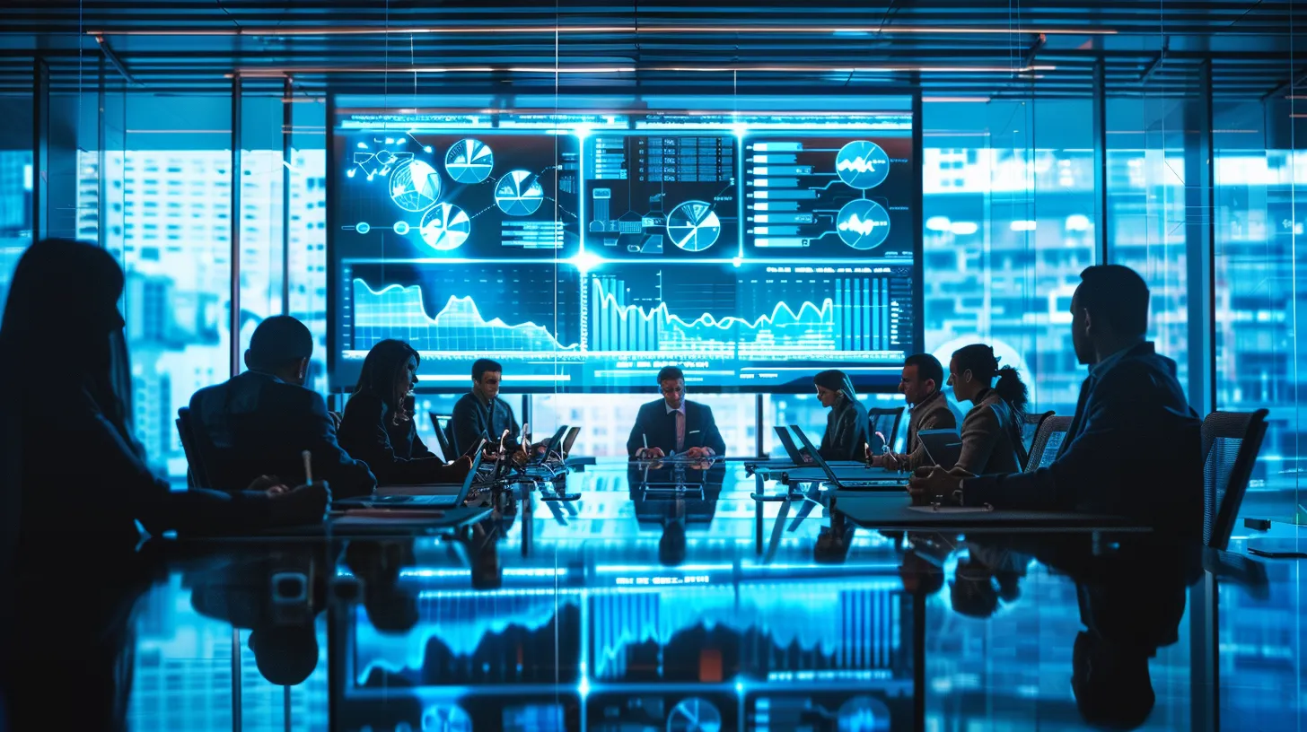 a modern office meeting room features a sleek conference table surrounded by professionals engaged in a detailed discussion, with a large screen displaying a colorful infographic comparing the costs of interior drainage methods, highlighting key data in a visually engaging format.