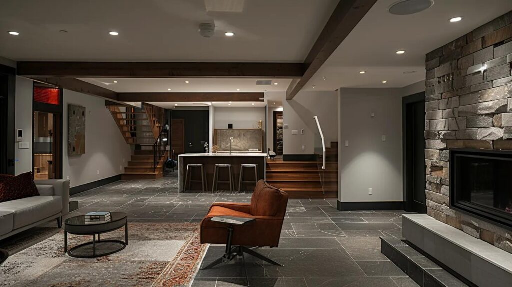 a modern, well-lit basement showcases sleek, waterproofing solutions being expertly installed, emphasizing the importance of protection against water damage for homeowners.
