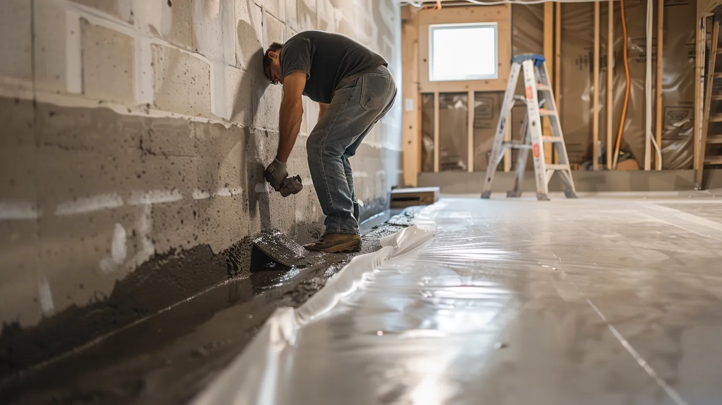 a professional contractor meticulously applies waterproofing membranes to exposed concrete walls in a well-lit residential basement, showcasing a clean workspace with a newly installed french drain and a ready sump pump, emphasizing the importance of reliable basement sealing services.