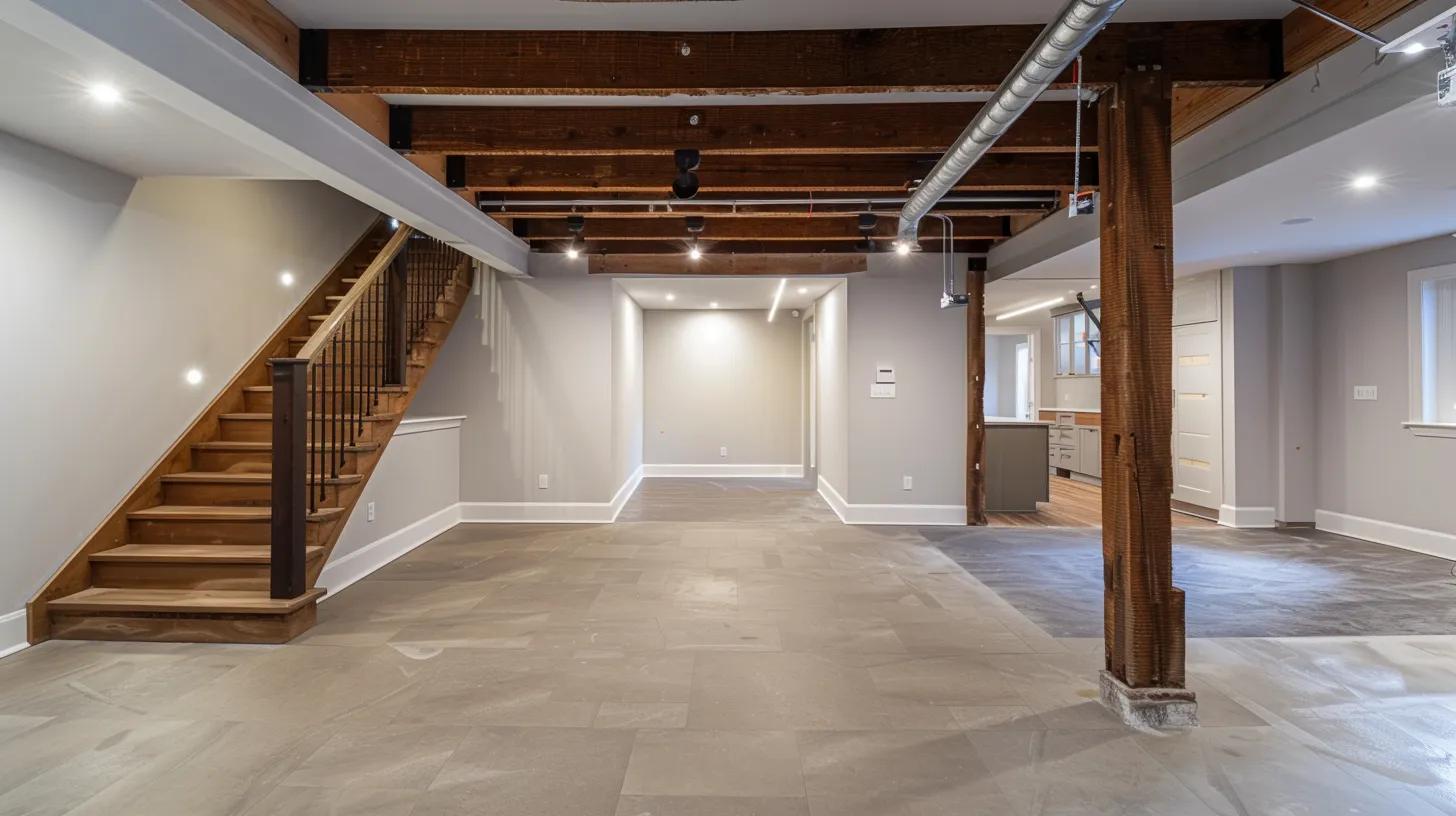 a sleek, modern basement equipped with advanced waterproofing technology, showcasing a clean, dry space accentuated by bright, artificial lighting and clear installation details, reflecting a commitment to home protection and energy efficiency.