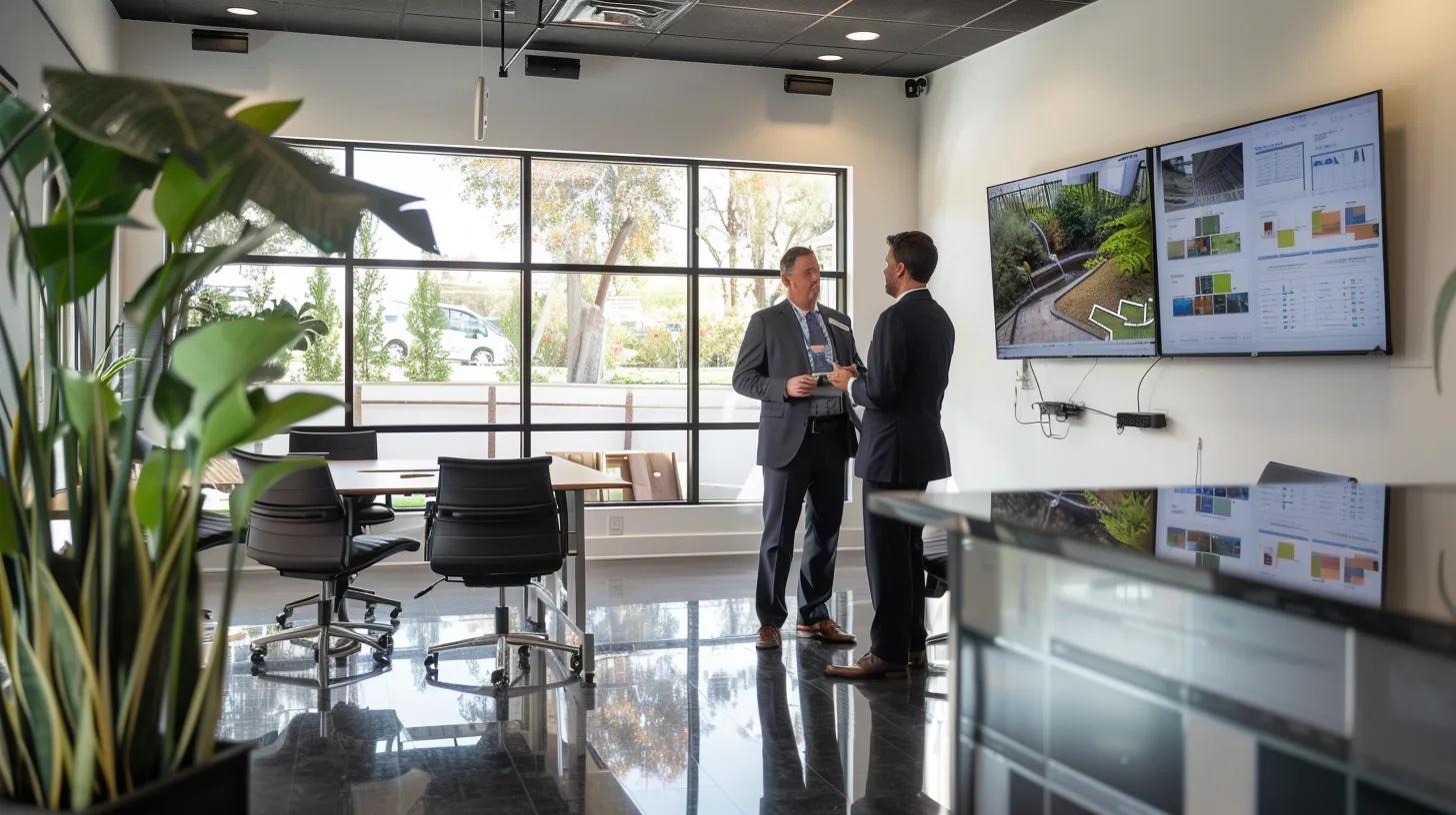 a sleek, modern office space featuring a professional consultant actively discussing various waterproofing options with a homeowner, highlighted by detailed diagrams of basement designs and soil types displayed on a large screen in the background, conveying the importance of tailored solutions for water damage protection.