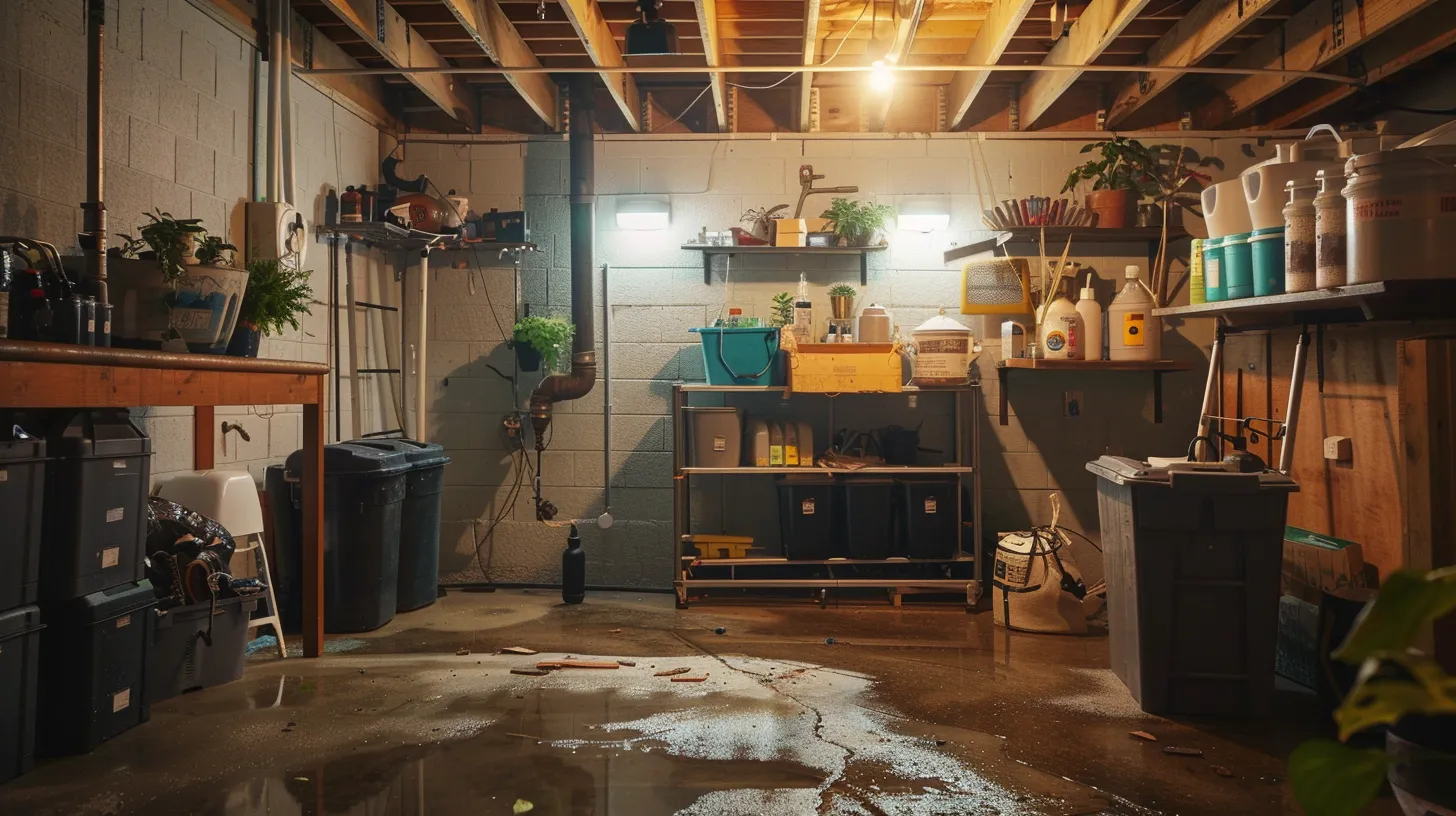 a well-lit, urban basement setting featuring a neatly organized instructional display of affordable drainage solutions, including visible french drains and interior drainage systems, illustrating effective moisture control techniques for homeowners.