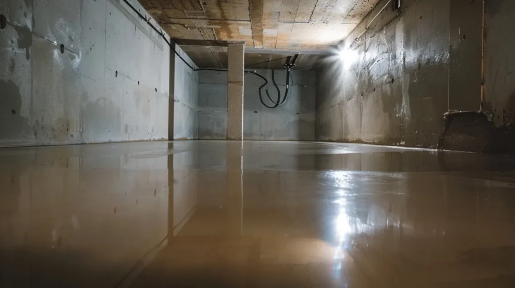 a well-lit, professional basement waterproofing scene showcases exposed concrete walls as experts expertly apply waterproofing membranes and install a french drain, highlighting the transformative benefits of hiring skilled westchester basement sealing specialists.