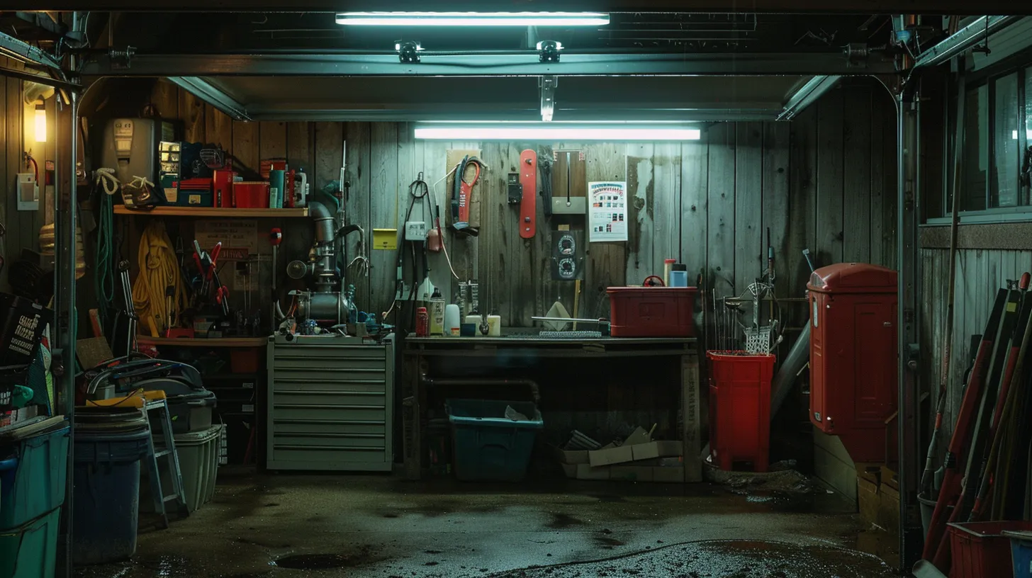 a well-organized suburban garage features a neatly arranged set of tools and equipment, with a prominently displayed sump pump and inspection checklist on the wall, illustrating the importance of regular maintenance for drainage systems to prevent costly repairs.