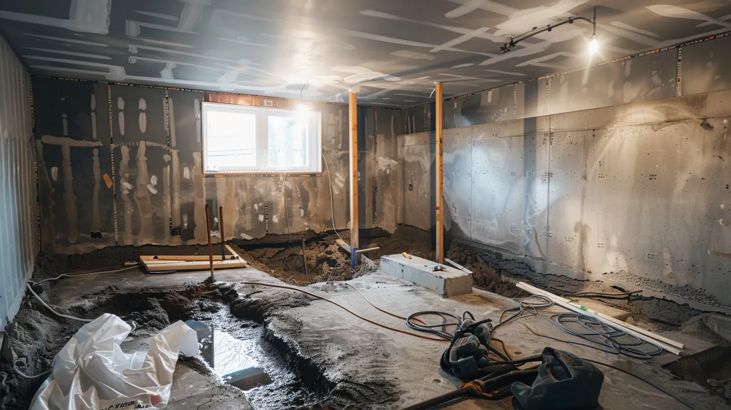 a well-lit residential basement showcases a professional waterproofing process, featuring exposed concrete walls as contractors install waterproof membranes, seal cracks with hydraulic cement, and prepare a french drain and sump pump in a clean, organized workspace.