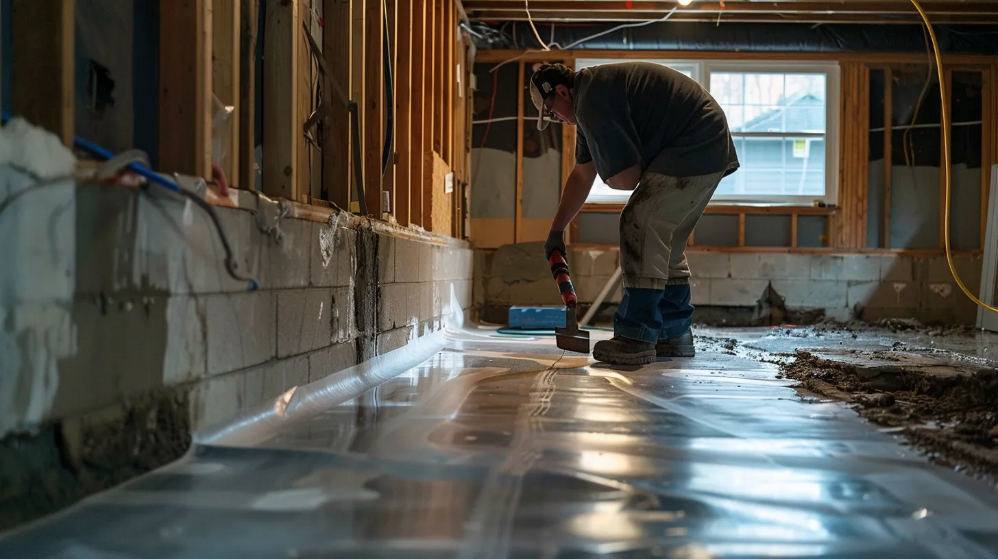a well-lit, professionally organized basement showcases a contractor meticulously applying waterproofing membranes to the exposed concrete walls, while a french drain is being installed along the perimeter, emphasizing the transformative process of sealing and protecting a home from water damage.