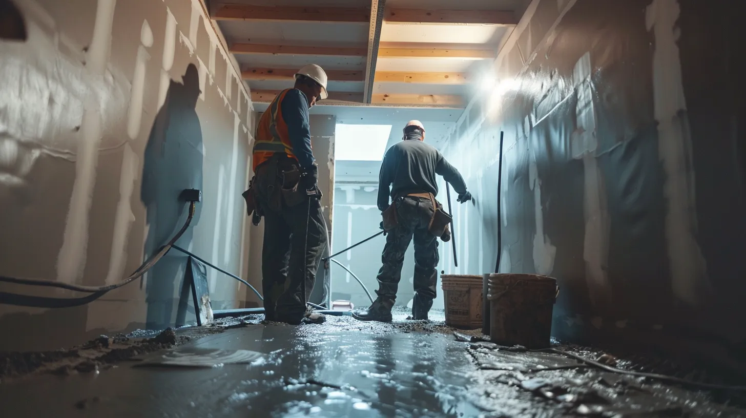 a well-lit basement showcases a professional contractor in safety gear diligently applying waterproofing membranes on exposed concrete walls, while another installs a french drain, embodying a clean and organized waterproofing process.
