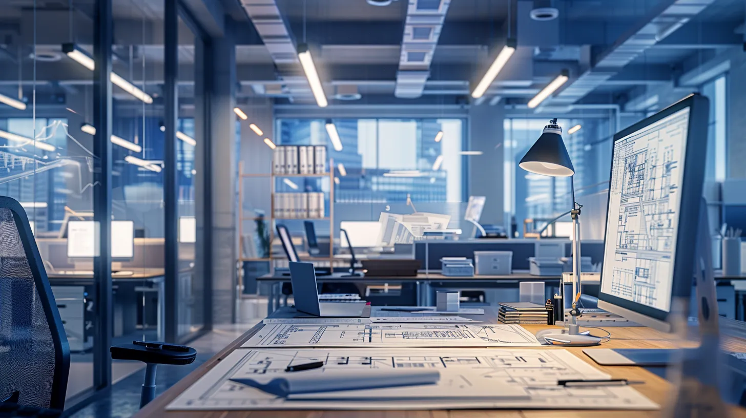 an architecturally modern office filled with detailed blueprints and diagrams showcasing various drainage solutions, prominently featuring a digital display illustrating cost factors related to site conditions and labor rates, highlighted by focused task lighting to emphasize the intricate information.
