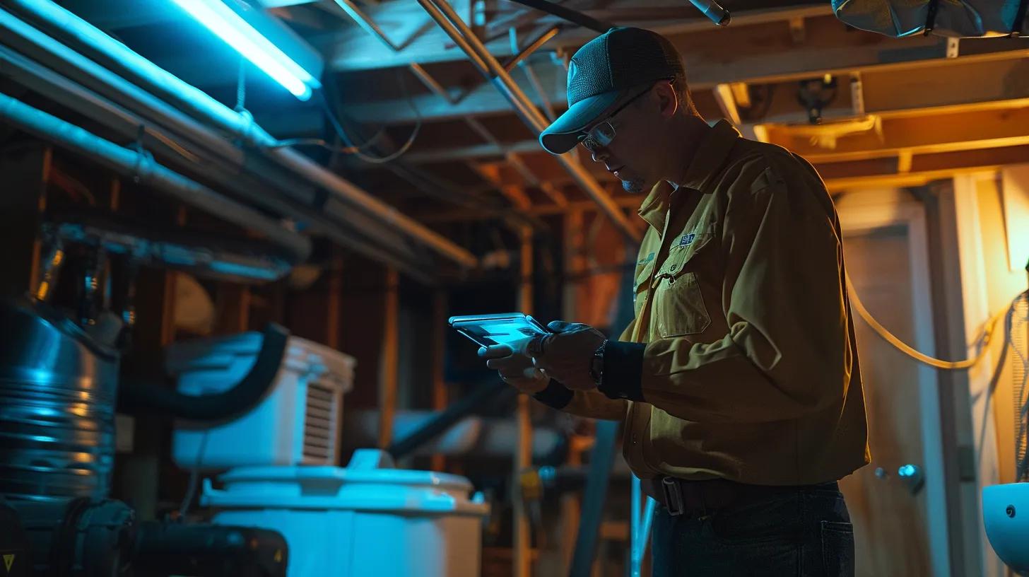 an organized, modern basement inspection in progress, showcasing a technician examining waterproofing systems with high-tech tools and focused lighting, emphasizing professionalism and attention to detail.