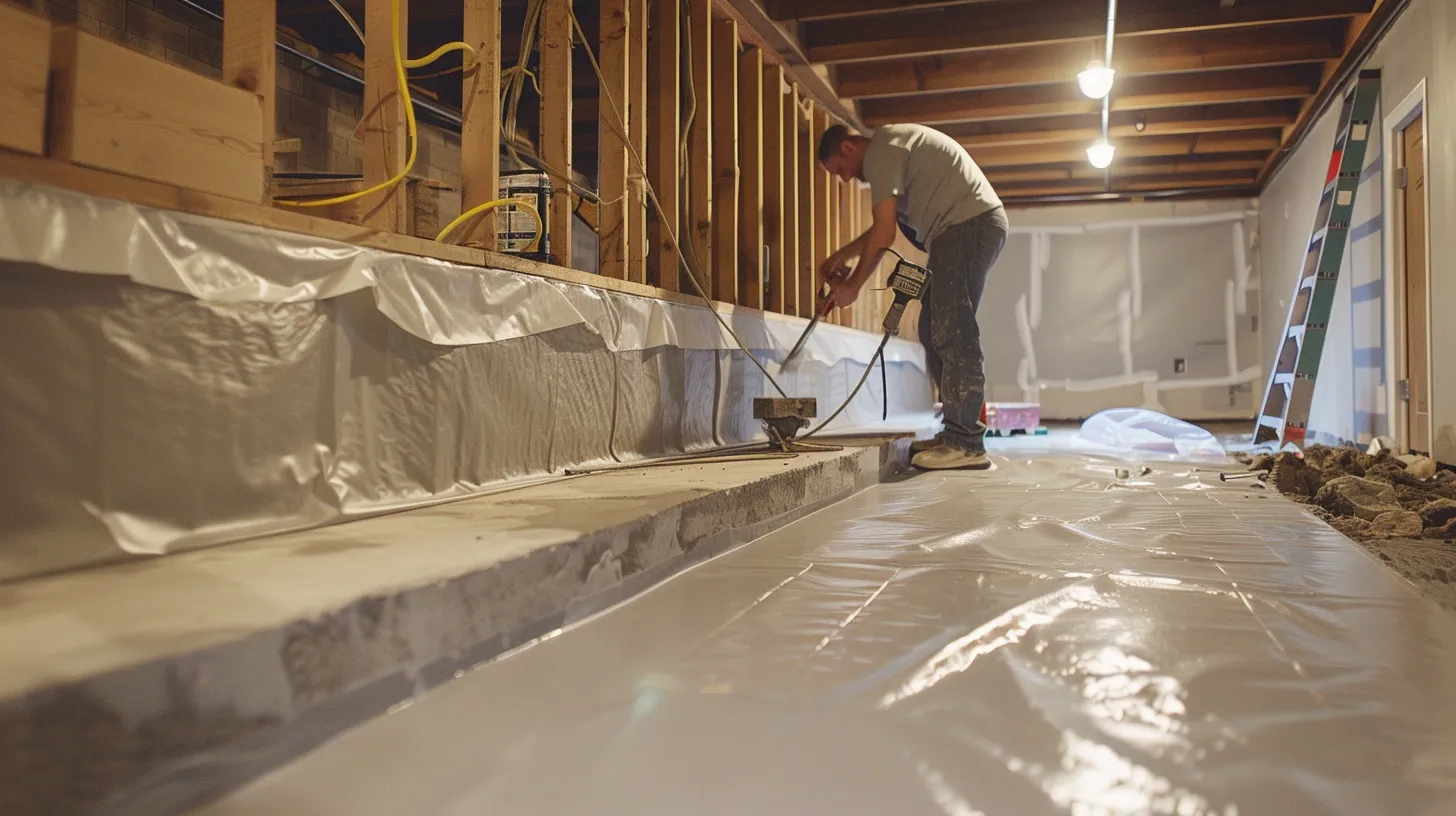 a professional contractor expertly applies waterproofing membranes to exposed concrete walls in a well-lit residential basement, featuring a newly installed french drain and an awaiting sump pump in a clean, organized workspace.