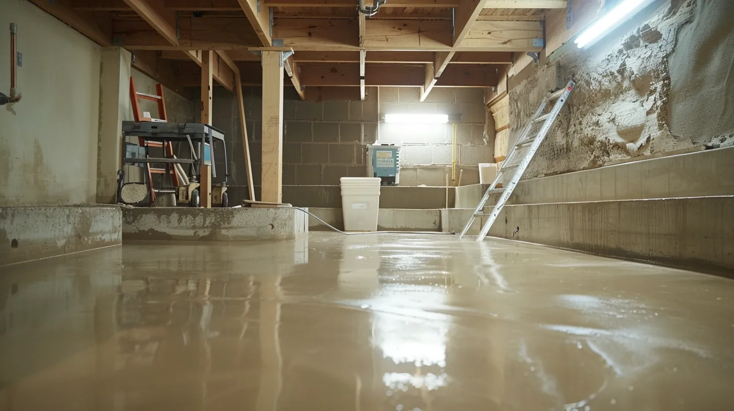 a well-lit residential basement showcases a professional waterproofing process, featuring exposed concrete walls with waterproofing membranes, a contractor sealing cracks with hydraulic cement, and a newly installed french drain, all set in a clean, organized workspace that emphasizes the importance of expert services for long-term home protection.