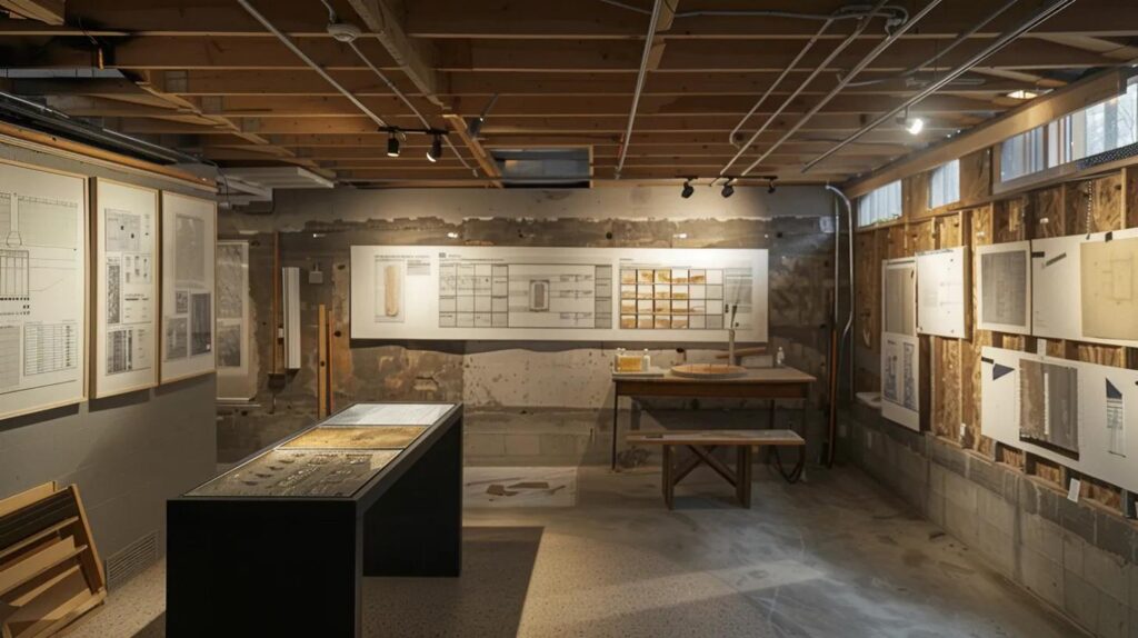 a modern basement renovation space is illuminated by bright overhead lights, showcasing high-tech waterproofing materials on display, alongside a detailed evaluation board highlighting different foundation types and cost-effective repair strategies.