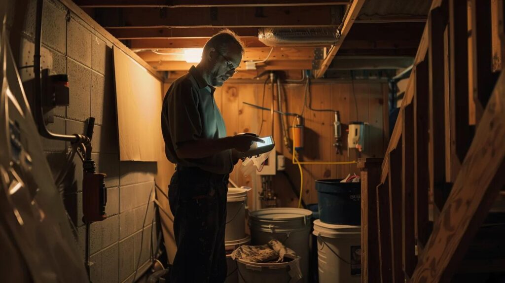 a professional contractor inspects a basement wall, equipped with a moisture meter, while discussing waterproofing solutions amidst strategically placed buckets and tools in a dimly lit, organized basement environment.