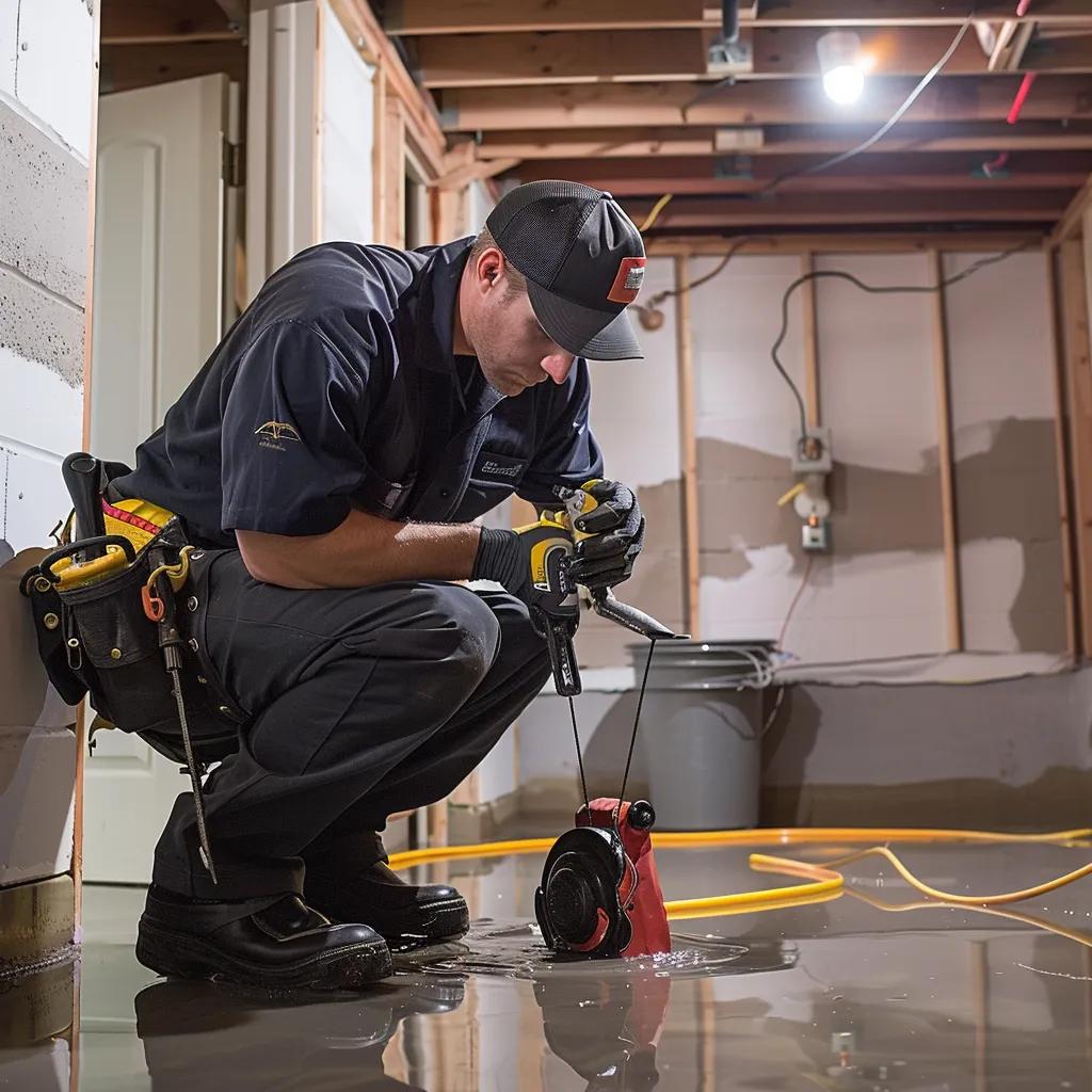 Professional contractor inspecting a damp basement for waterproofing solutions