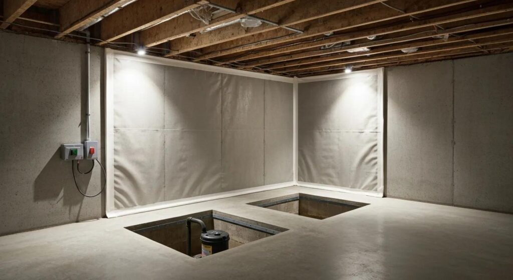 Modern basement with waterproofing features demonstrating effective sealing methods
