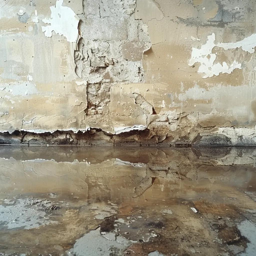 Close-up of water stains, efflorescence, and puddles indicating basement water intrusion