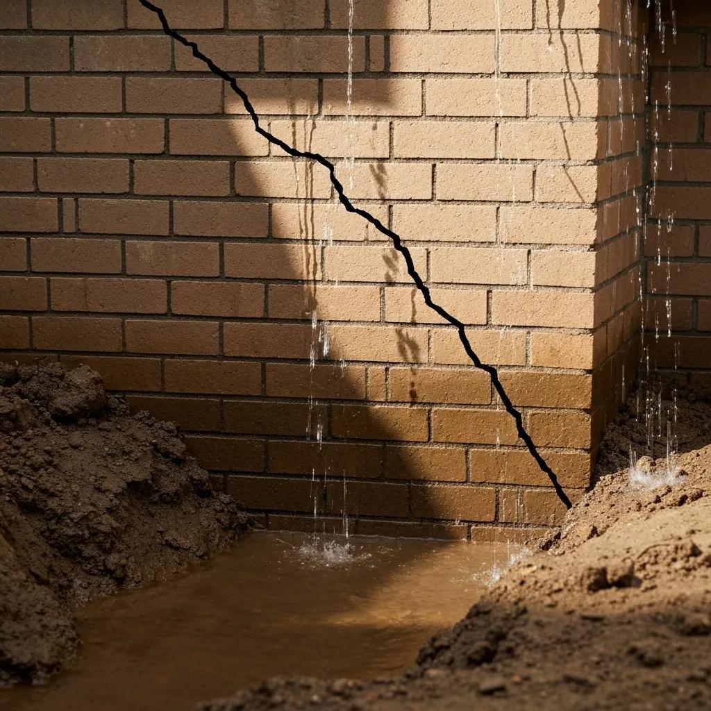 Basement wall with cracks illustrating structural stress and moisture intrusion
