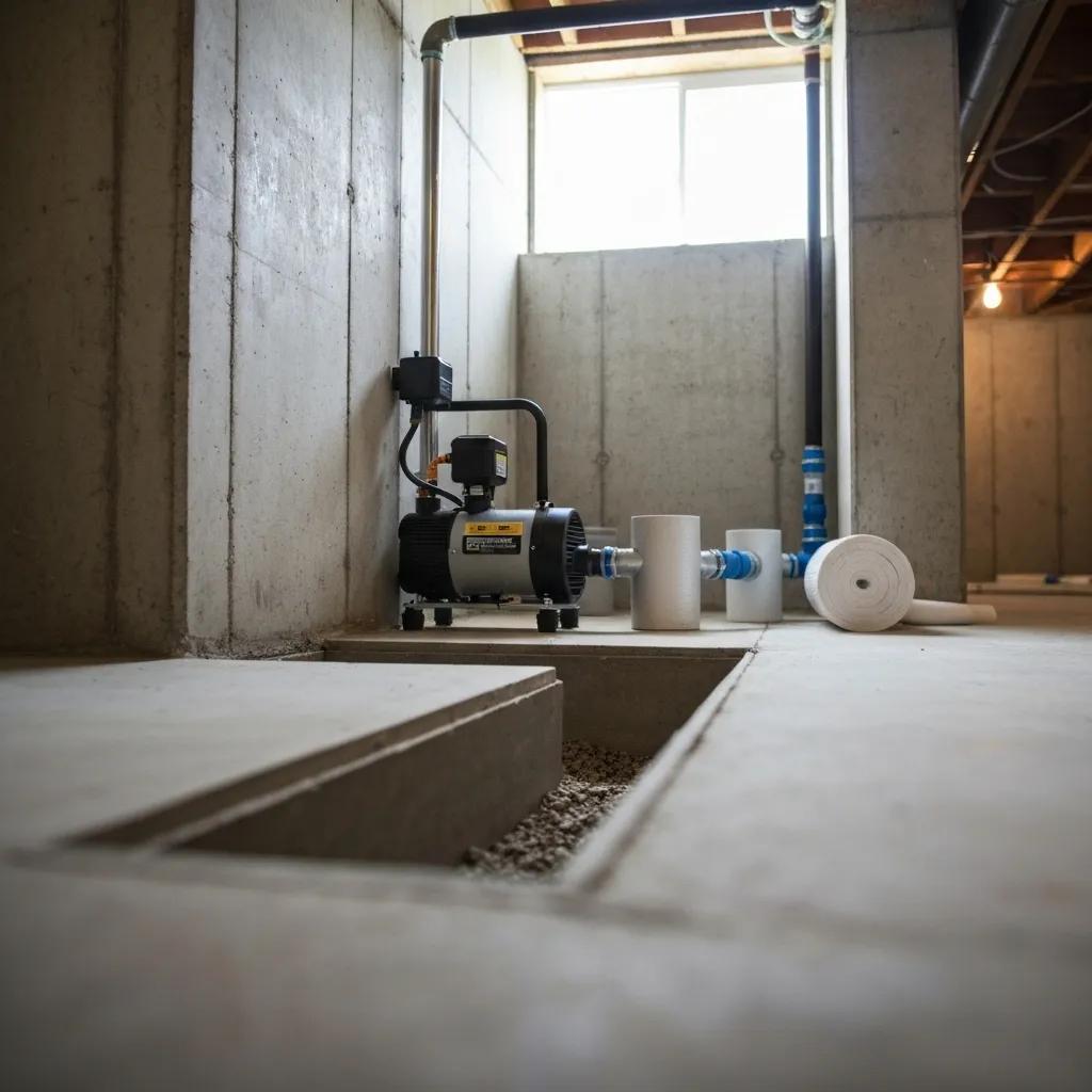Effective basement drainage system with sump pump and French drain showcasing waterproofing solutions