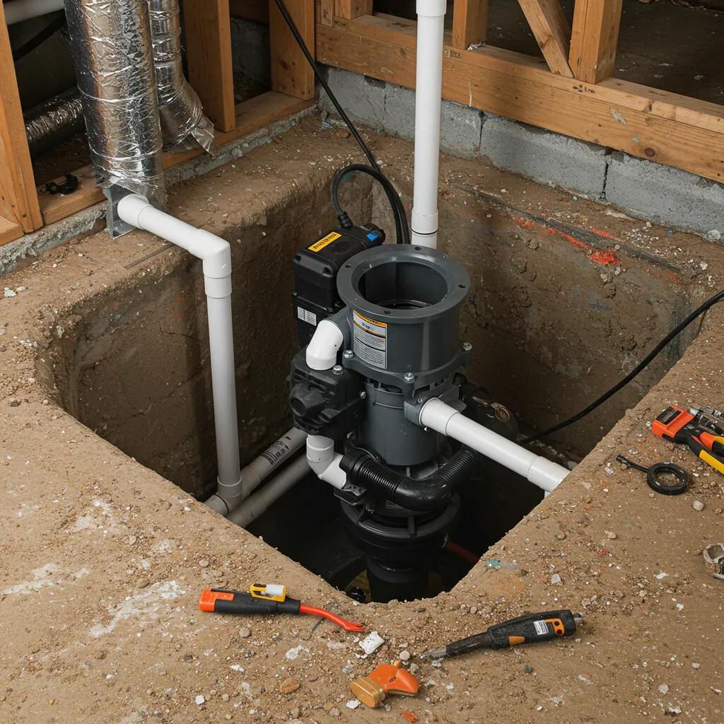 Installing a sump pump in a basement with tools and wiring visible