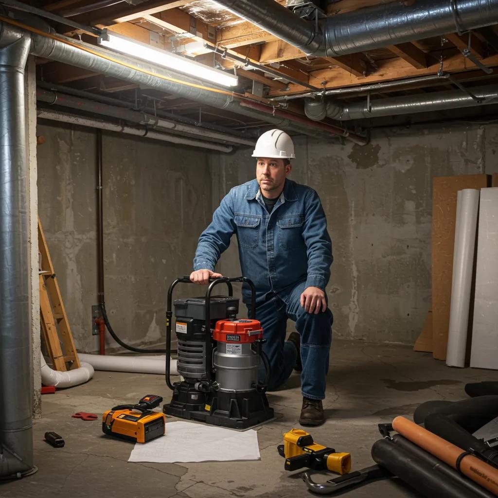 Professional contractor inspecting a basement for waterproofing solutions with tools and materials