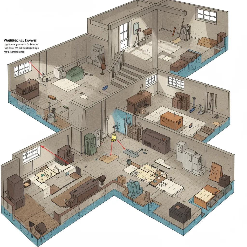 Measuring tools and floor plan used to assess basement layout for waterproofing